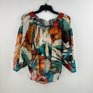 Desigual‎ Top Womens Small White Orange Floral Smocked Tassel Dolman Sleeve Boho